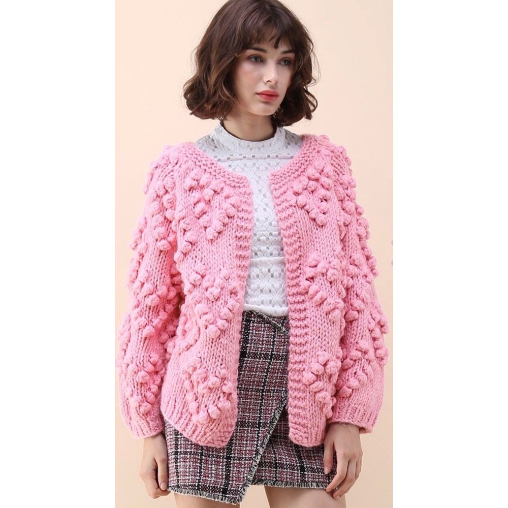 Chicwish Pink Heart Pom Pom Chunky Knit Cardigan Sweater‎ Open Front Wool Blend